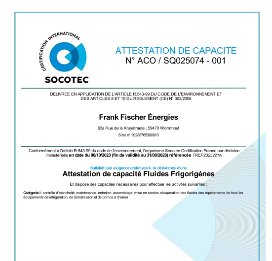 Attestation de capacité à la manipulation des fluides frigorigènes publiée par FFE